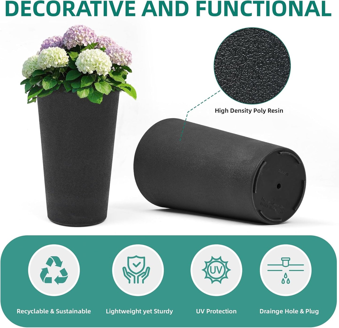 24" Tall Planters for Outdoor Plants, Set of 2 Heavy-Duty Resin Flower Pots, Matte Black Leather Grain Finish, Durable & Weather-Resistant, Ideal for Garden, Patio, Yard, Porch, or Home Use