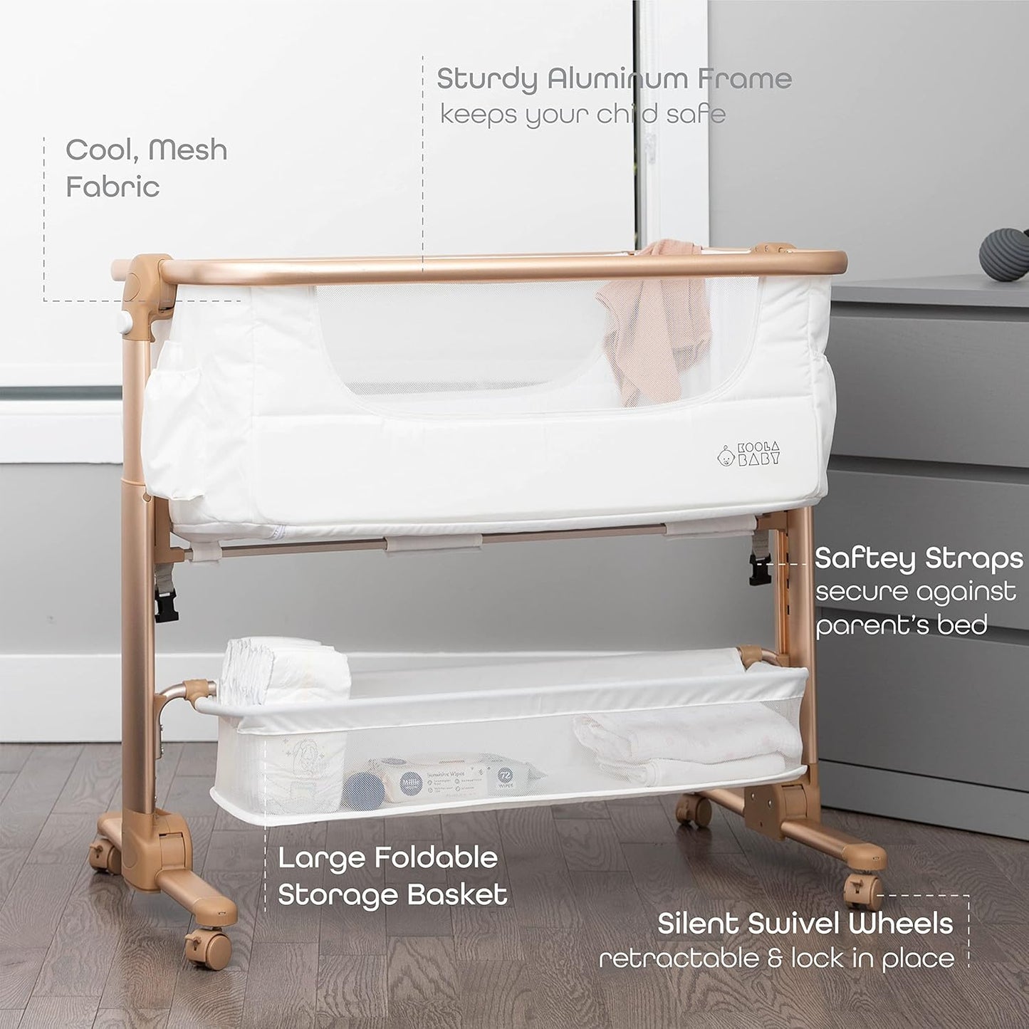 KoolerThings Baby Bassinet, Bedside Sleeper for Baby, Easy Folding Portable Crib with Storage Basket for Newborn, Bedside Bassinet, Comfy Mattress/Travel Bag Included (Bassinet) (White & Gold)