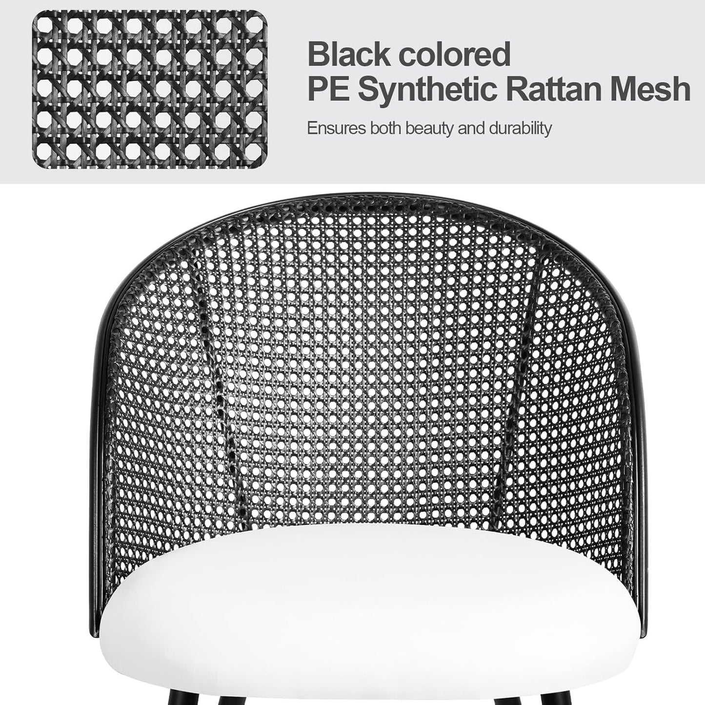 Rattan Dining Chairs Set of 2, Faux Leather Upholstered Dining Chairs with Black Cane Back, Mid-Century Modern Farmhouse Armless Accent Chairs for Kitchen Dining Room, Restaurant,White