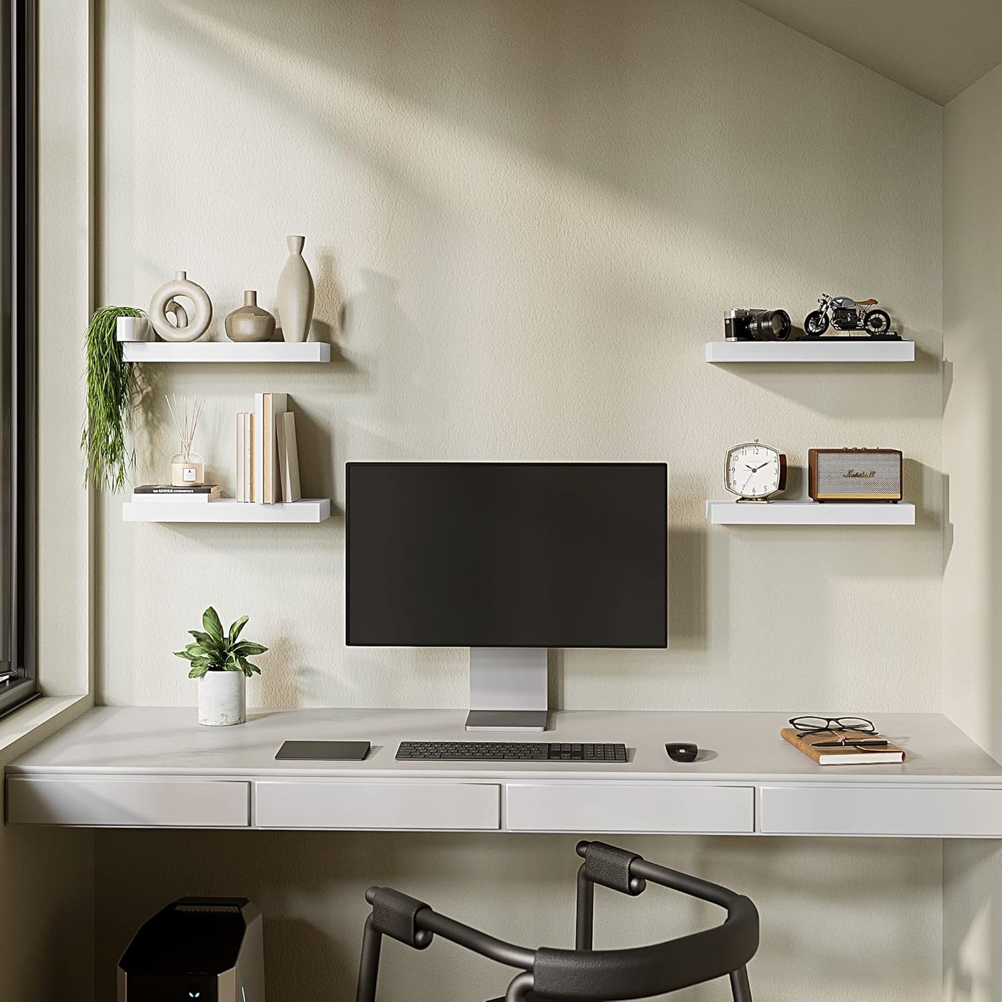 BAMEOS Floating Shelves, White Wall Mounted Wooden Shelves with Invisible Brackets Set of 2, Hanging Wall Shelves Decoration for Bedroom, Bathroom, Living Room and Kitchen