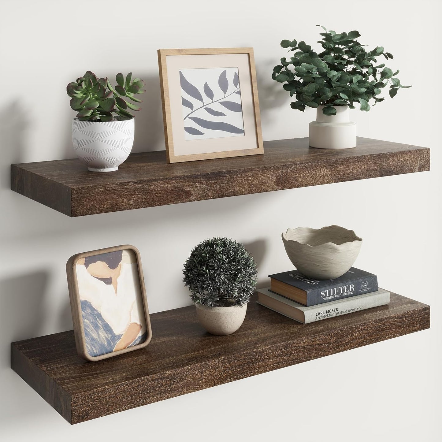 RICHFOCUS Elm Floating Shelves for Wall - 30" W x 9.3" D Rustic Solid Wood Shelves with Invisible Bracket, Wall-Mounted for Living Room, Bedroom, Kitchen Storage & Display, Set of 2, Walnut