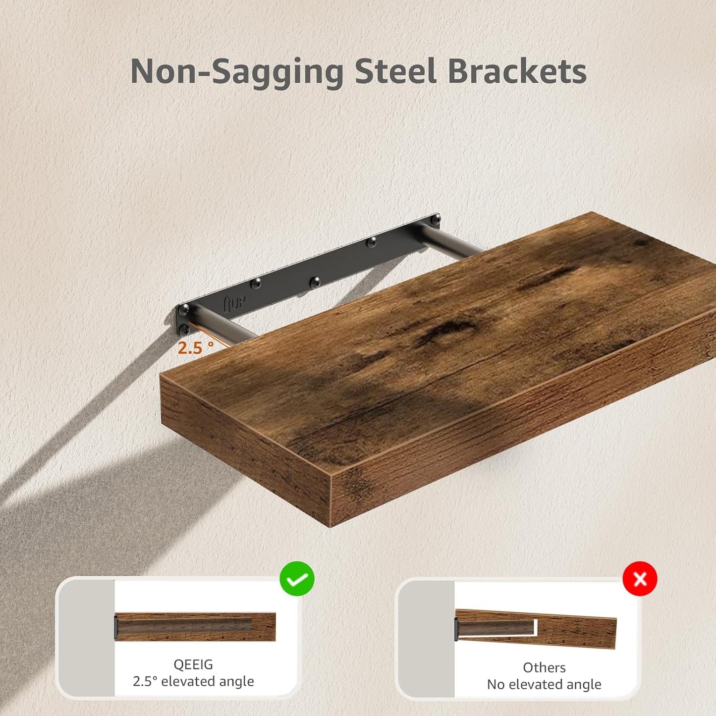 QEEIG Floating Shelf for Wall Bathroom Shelves Bedroom Kitchen Living Room Farmhouse Small Book Shelf 16 inch Set of 1, Brown (015-BN1)