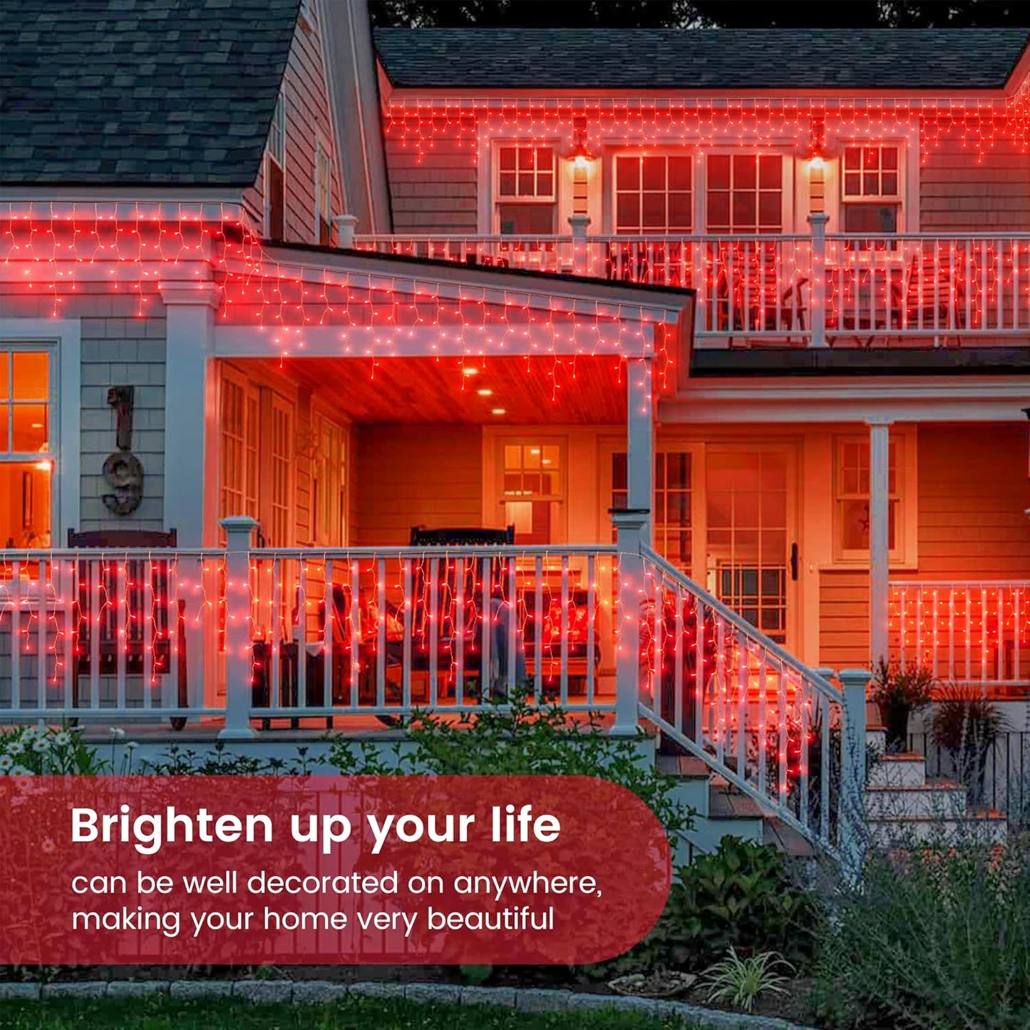 Hopolon 33FT 360L LED Icicle String Lights - Outdoor, Waterproof, 8 Modes, With 60 Drops - Curtain Lights for Indoor/Outdoor Decorations (Red)