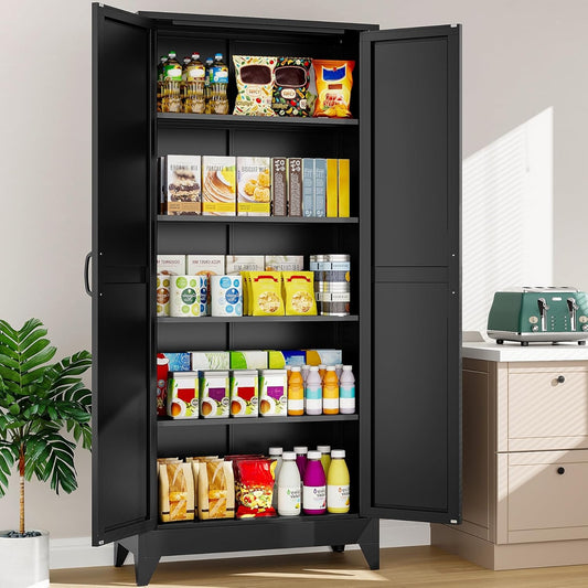 75" Tall Pantry Cabinet,Farmhouse Kitchen Pantry Storage Cabinets with 2 Doors and 5 Shelves,Black Metal Storage Cabinet,Large Cupboard for Home,Kitchen,Dining/Living Room