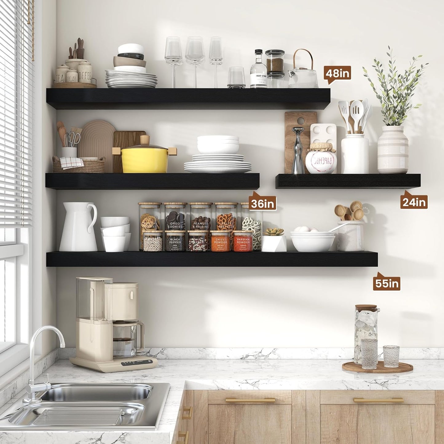 Heimlove 36 Inch Black Floating Shelves for Wall,10 Inch Deep Wood Shelves with Invisible Brackets,Wall Mounted Storage & Display Shelves for Bedroom,Living Room,Kitchen,Office