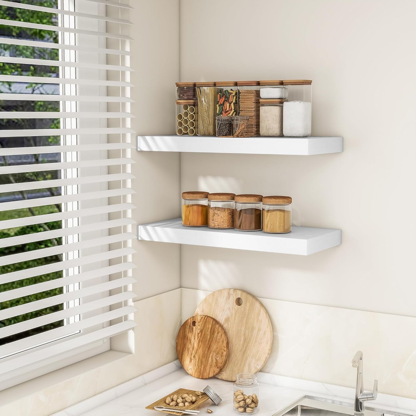 RICHFOCUS 24Inch Floating Shelves for Wall 2 Pack Shelves for Bedroom|Kitchen|Bathroom Wall Mounted Rustic Wood Floating Shelf with Invisible Brackets for Books|Storage|Decor, White