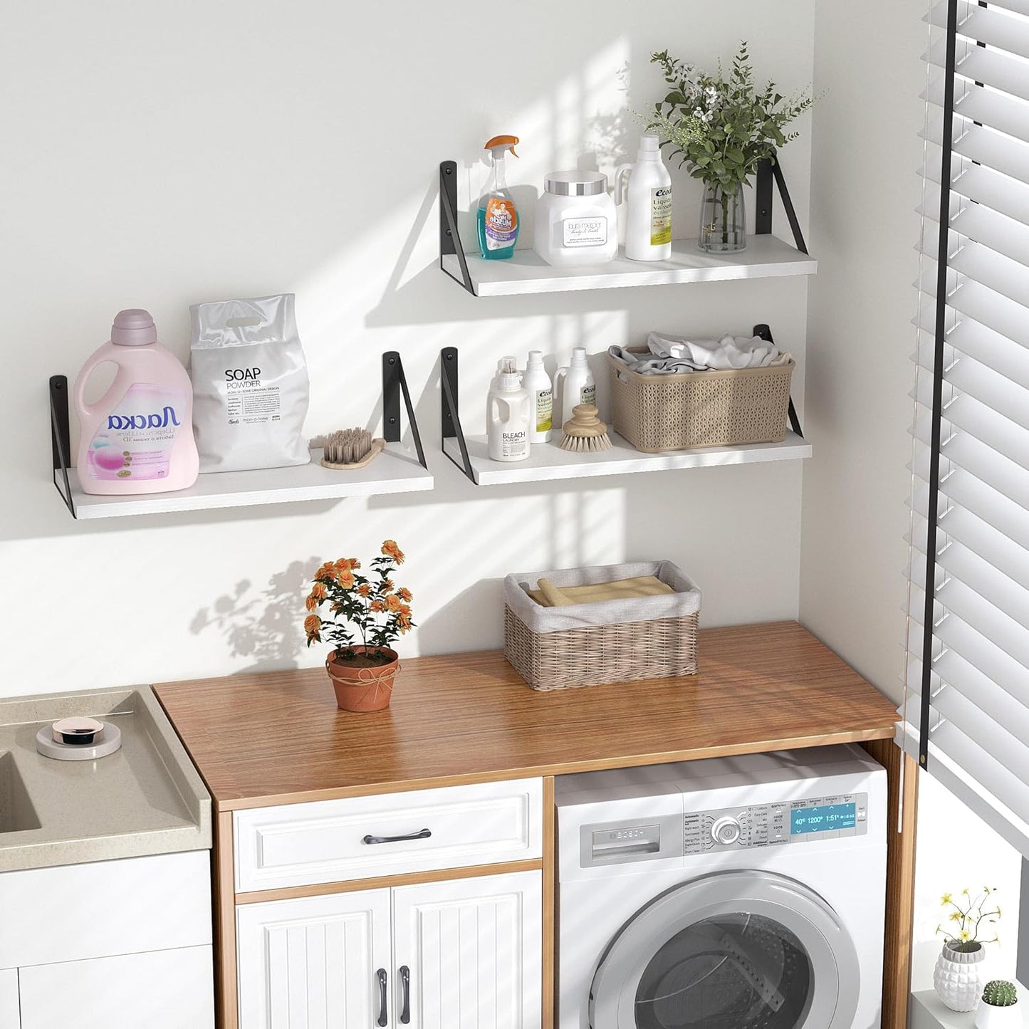 Heimlove Floating Shelves for Wall, 16 Inch Long Wood Floating Shelves Set of 3, Wall Mounted Hanging Shelf for Bathroom Bedroom Kitchen, White