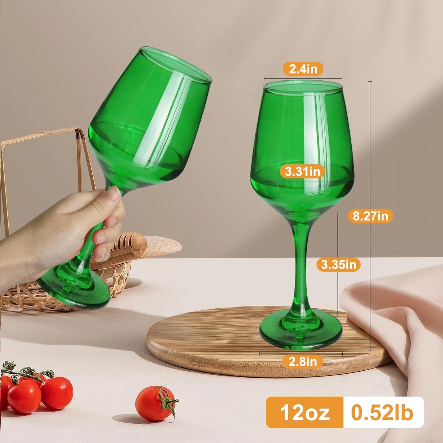 Green Wine Glasses Set of 6-12oz Green Long Stem Wine Glass Cups, Pretty Crystal Glassware, Hand Blown Goblets Drinkware, Unique Drinking Stemware Holiday Gift Set