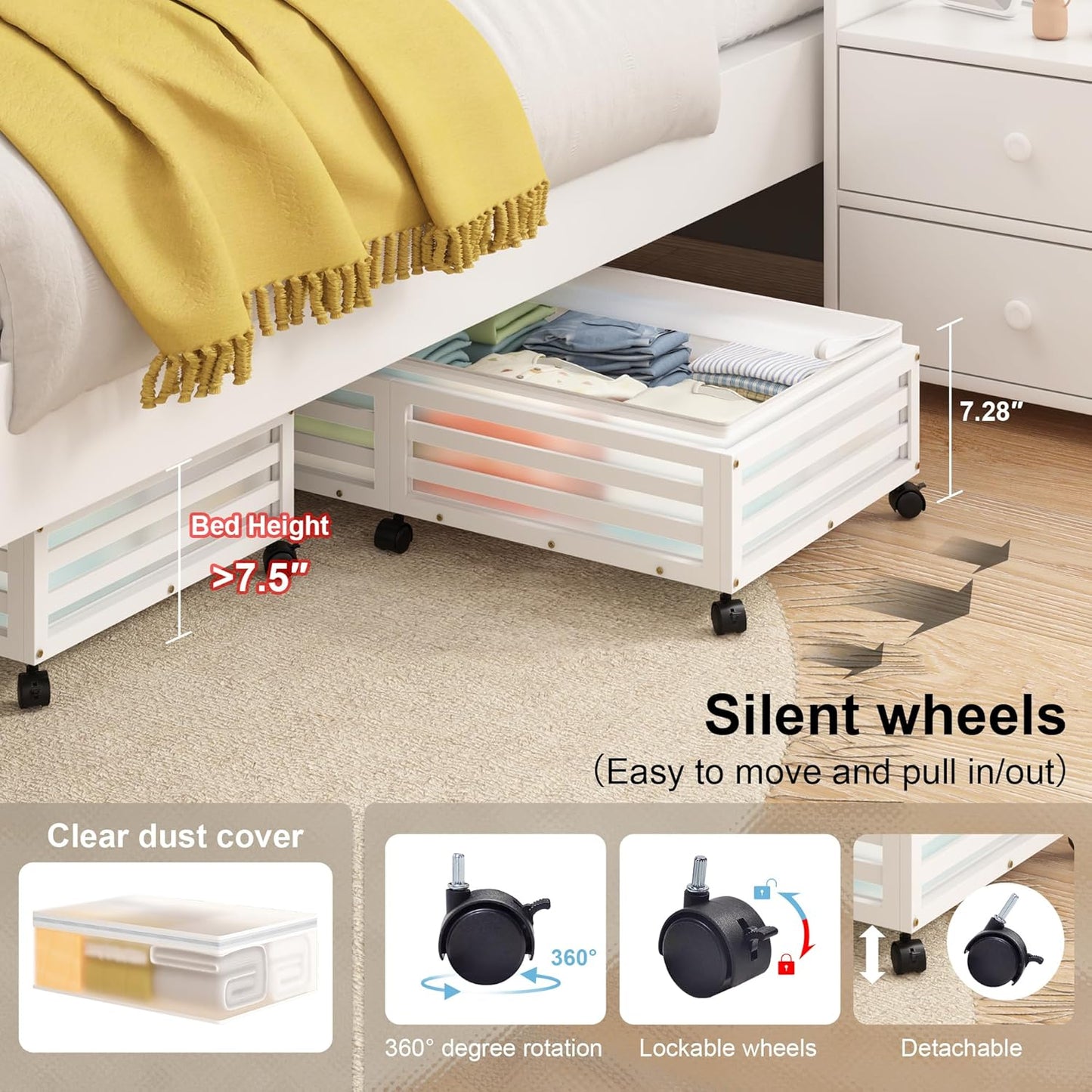 Under Bed Storage Containers With Wheels - 2 Pcs Large Bamboo Wood Rolling Underbed Shoe Storage Bins With Dust Bags for Clothes Blankets, Duvet Covers Snacks Toys (White)