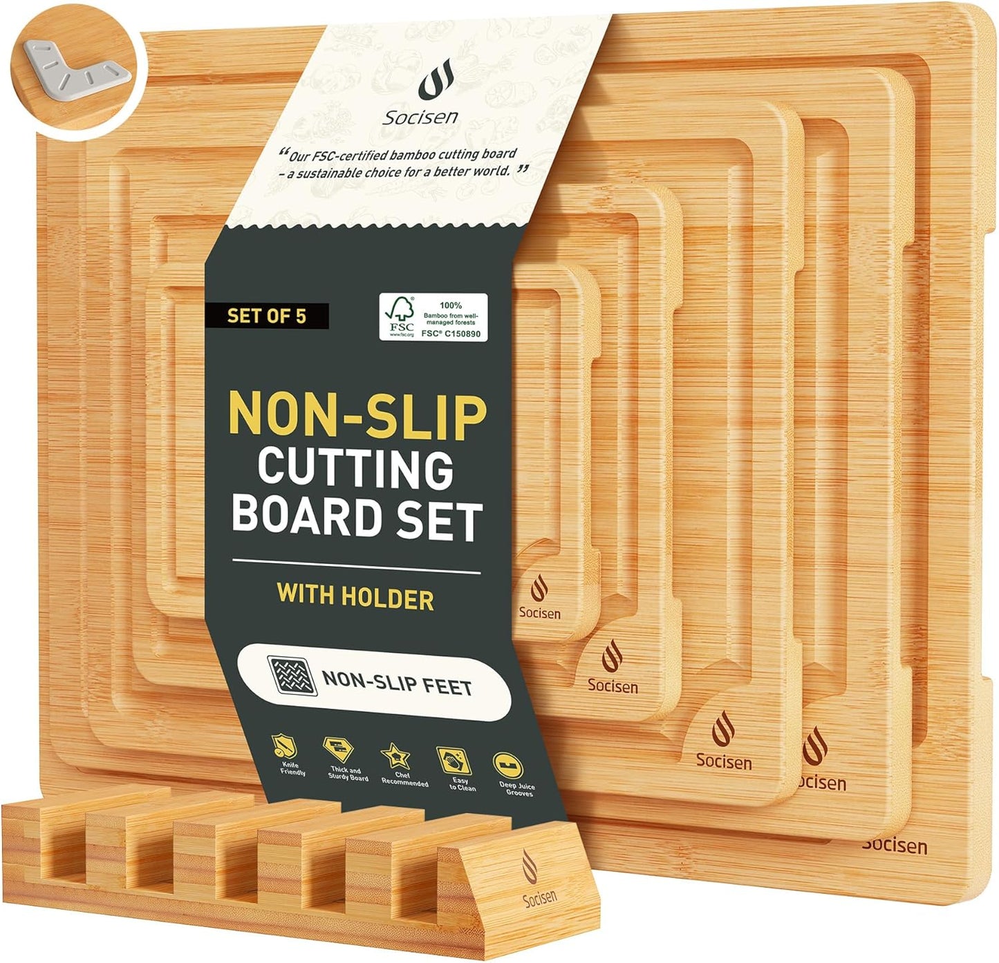 5 Packs Bamboo Cutting Board Set with Non Slip Feet Holder and Over Sink Nice Solid Thick Wood Juice Groove Chopping Board Small Big Xl XXl xlarge Oversized Kitchen Counter Organic Vegetable Meat Kit