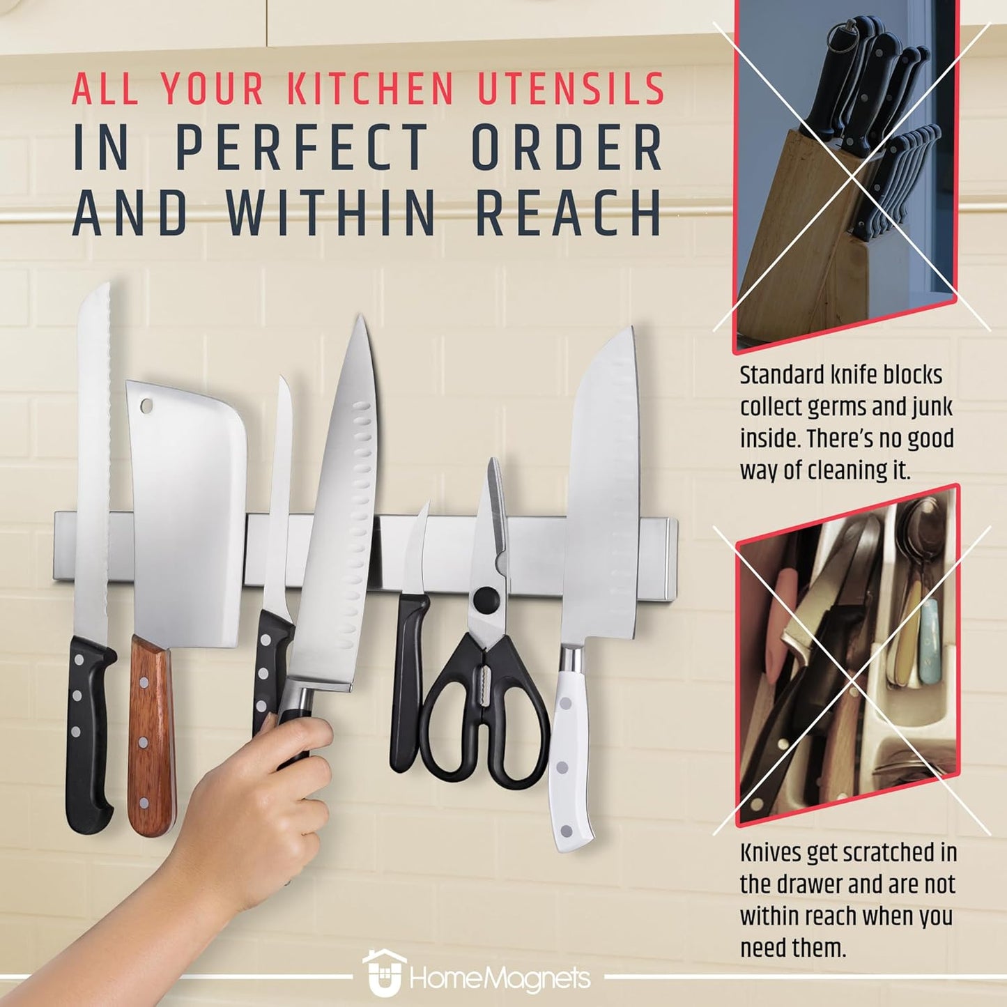 HMmagnets Premium 17 Inch Stainless Steel Magnetic Knife Holder For Wall - Professional Magnetic Knife Strip - Space-Saving Knife Rack/Knife Bar With Powerful Magnetic Pull Force (Upgraded Version)