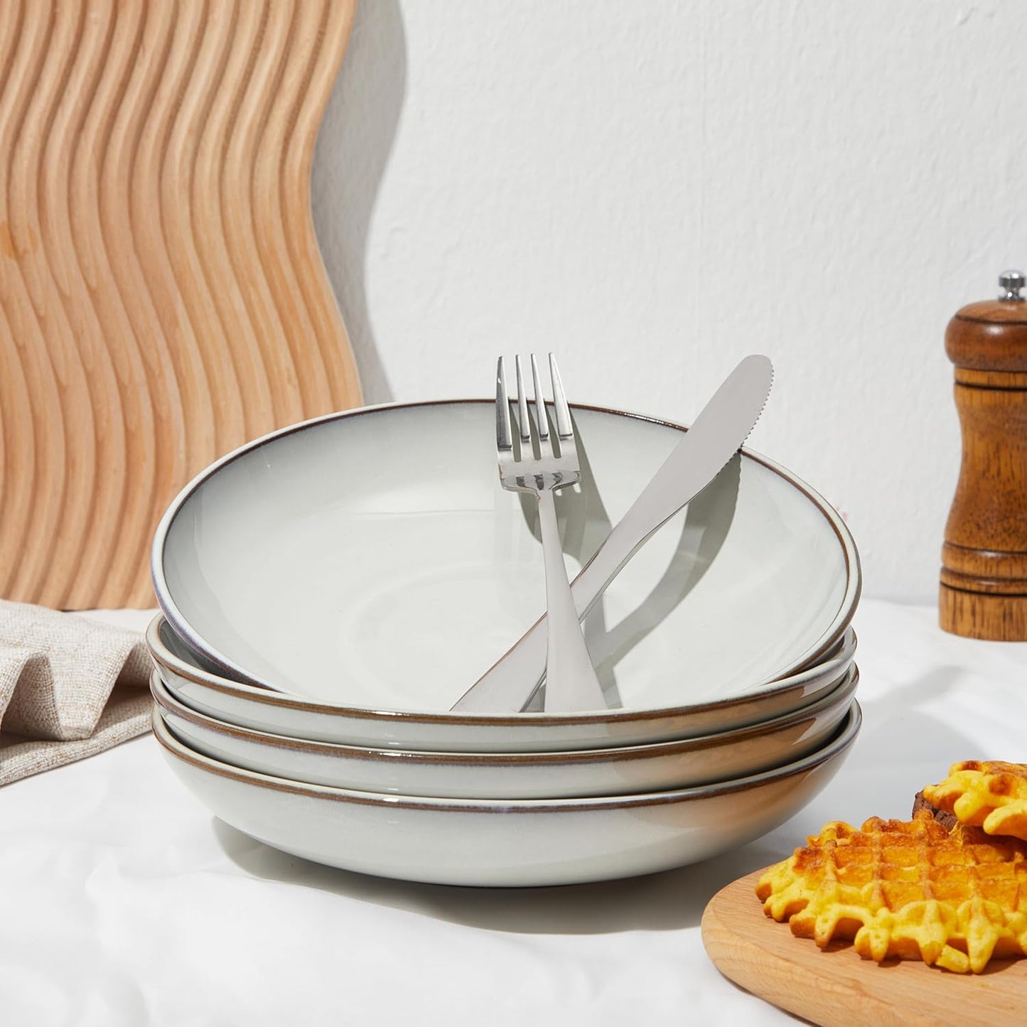 16 Piece Double Bowl Dinnerware Sets with Pasta Bowls, Highly Chip and Crack Resistant Plates and Bowls Sets, Natural Earthyware Ceramic Dishware Sets, Service for 4 Moonstone White