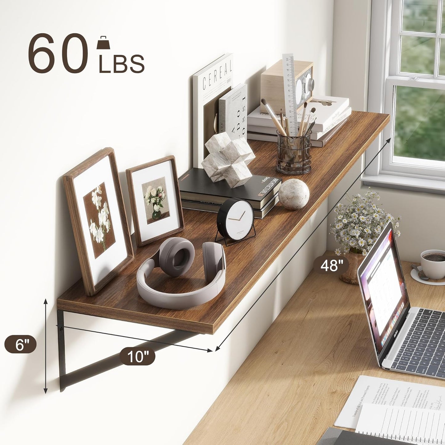 Floating Shelves 48 Inch Long, 10" Deep Floating Shelves, Walnut Wall Shelves 48 x 10, Set of 2, Wide Large Display Storage Shelves for Bathroom, Living Room, Rustic Wood Shelves with Brackets