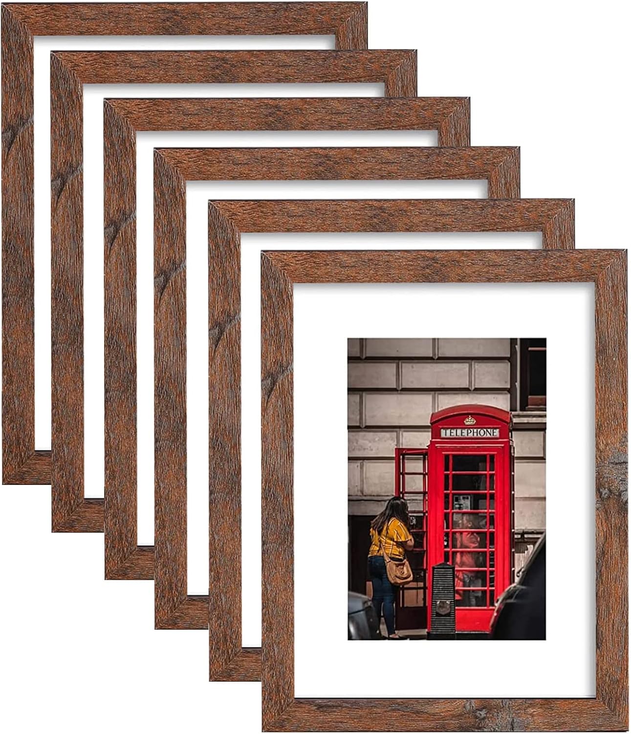 11x14 Picture Frame Set of 6, Display Pictures 8x10 with Mat or 11x14 Without Mat for Wall Mounting,Rustic Brown