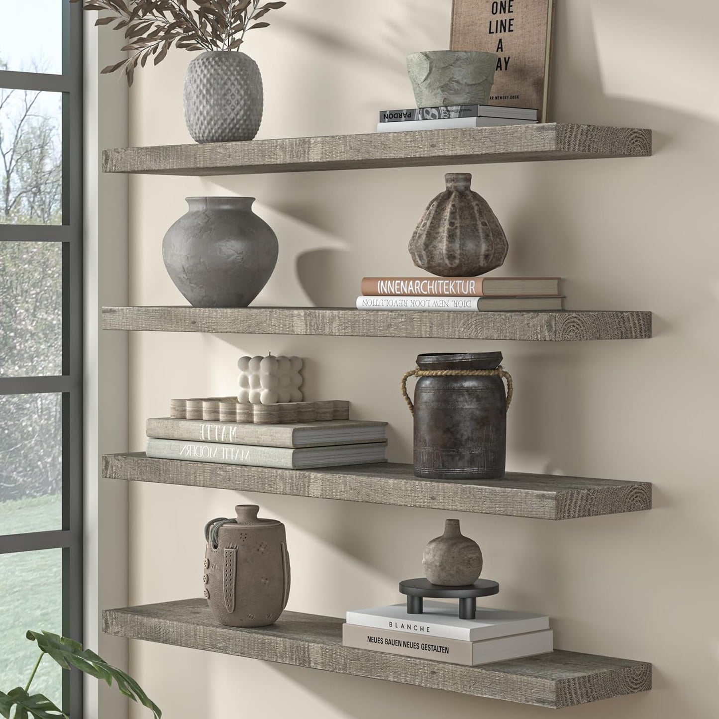 Fun Memories Floating Shelves for Wall Dec, 48"x8" Rustic Reclaimed Wood Shelves, Heavy-Duty Wall Mounted Shelves with Invisible Brackets for Living Room, Bedroom, Kitchen, Grey Finish, Set of 2