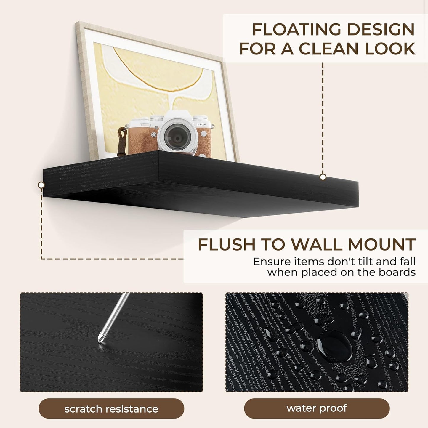 RICHFOCUS 16Inch Floating Shelves for Wall 2 Pack Shelves for Bedroom|Kitchen|Bathroom Wall Mounted Rustic Wood Floating Shelf with Invisible Brackets for Books|Storage|Decor, Black