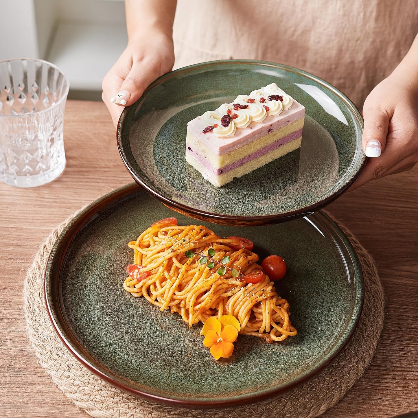 12 Piece Dinnerware Sets with Pasta Bowls, Stain Resistant Dish Set, Easy Cleaning Dishes, Multi-Functional Plate and Bowl Set, Stack Compactly Plates, Service for 4 Sage Green