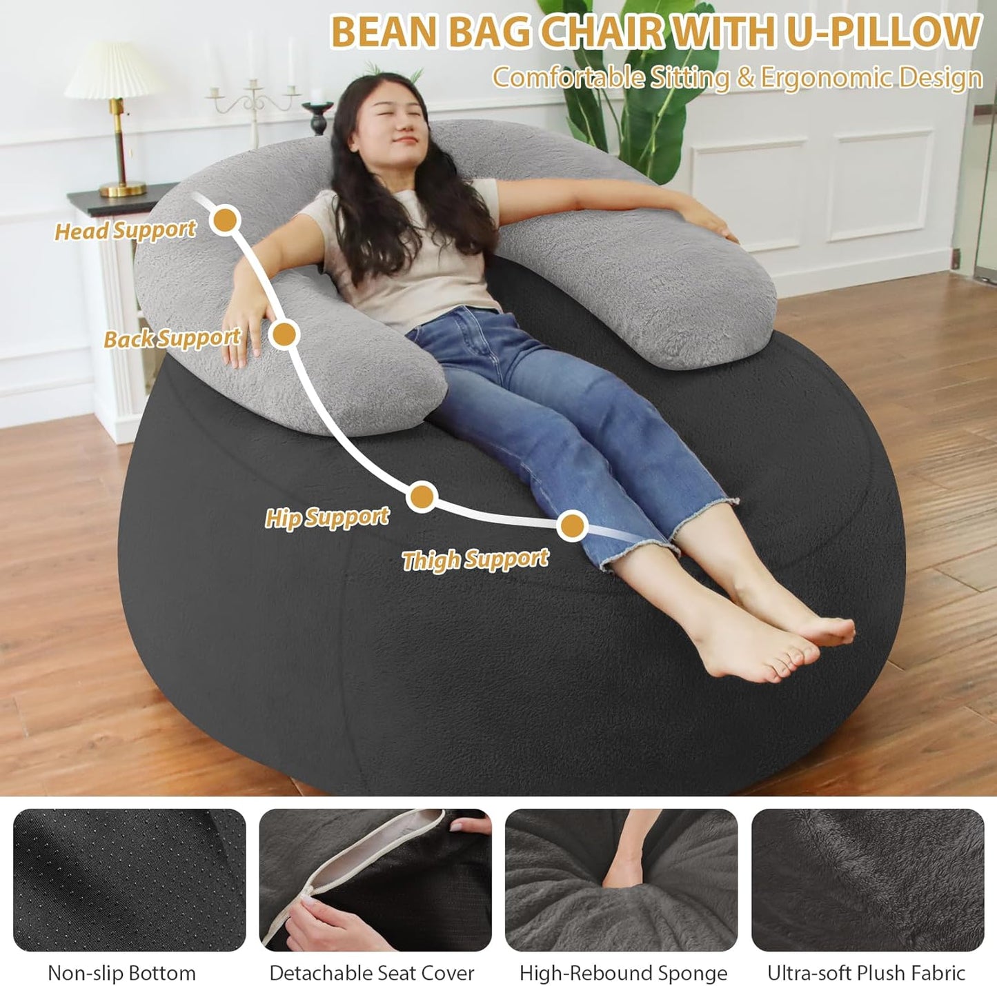 HABUTWAY Bean Bag Chair with U-shaped Pillow for Adult and Kids Big BeanBag Chair with Filling Ultra Soft Faux Fur Couch Chair with Washable Cover for Living Room Bedroom Office, Dark Grey& Light Grey