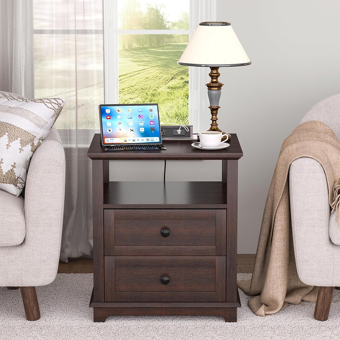 HIFYOBRO 24" Tall End Table with 2 Drawers and Charging Station, Type-C & USB Port & Power outlets, Wooden Storage Cabinet, 21" W Large Side Table with Storage for Living Room and Bedroom (Espresso)