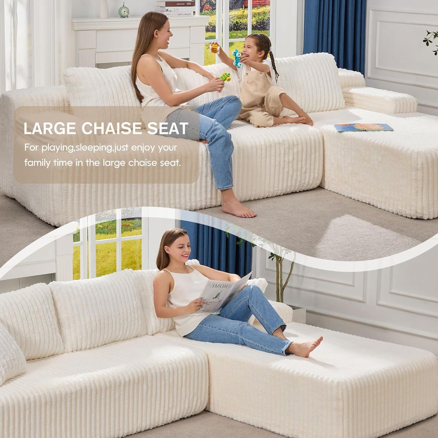Hobestluk Modular Sectional Sofa Couches 108" L-Shape Couch 3 Seat Modular Sofa Memory Foam Sectional Couches for Living Room, Boneless Couch with Oversized Chaise (White, Right Facing)