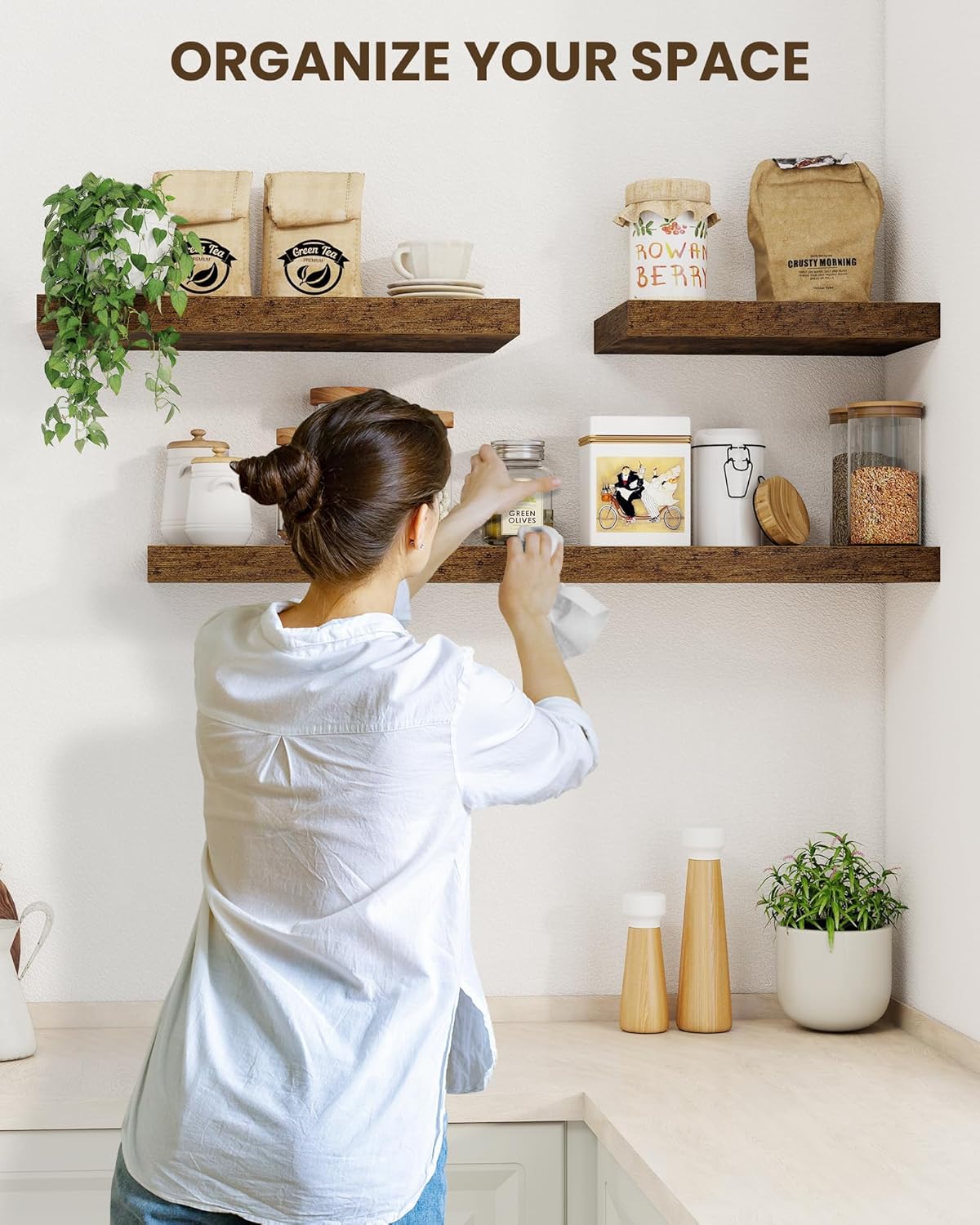 Marsmiles 36" Floating Shelves for Wall, Wooden Shelves with Invisible Brackets Set of 2, Rustic Farmhouse Wall Mounted Shelf for Kitchen Bathroom Living Room Study, Rustic Brown