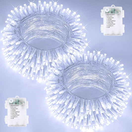 2 Pack String Lights Battery Operated with Timer, 66FT 200 LED Waterproof Battery Twinkle Lights, 8 Modes Fairy Light for Indoor & Outdoor Party Bedroom Garland Tree Christmas Decorations (Cool White)