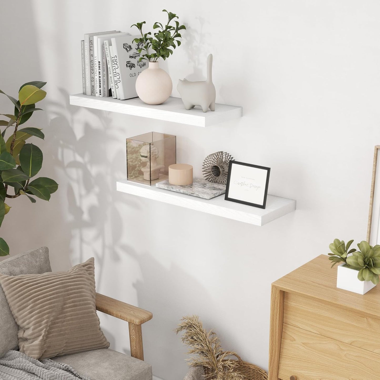 Fun Memories White Floating Shelves 32 Inch Long, 9 Inch Deep Floating Bookshelf Wall Mounted, Farmhouse Wood Shelves White for Bathroom, Living Room, Bedroom, Home Decor Deep Shelf for Wall Set of 2