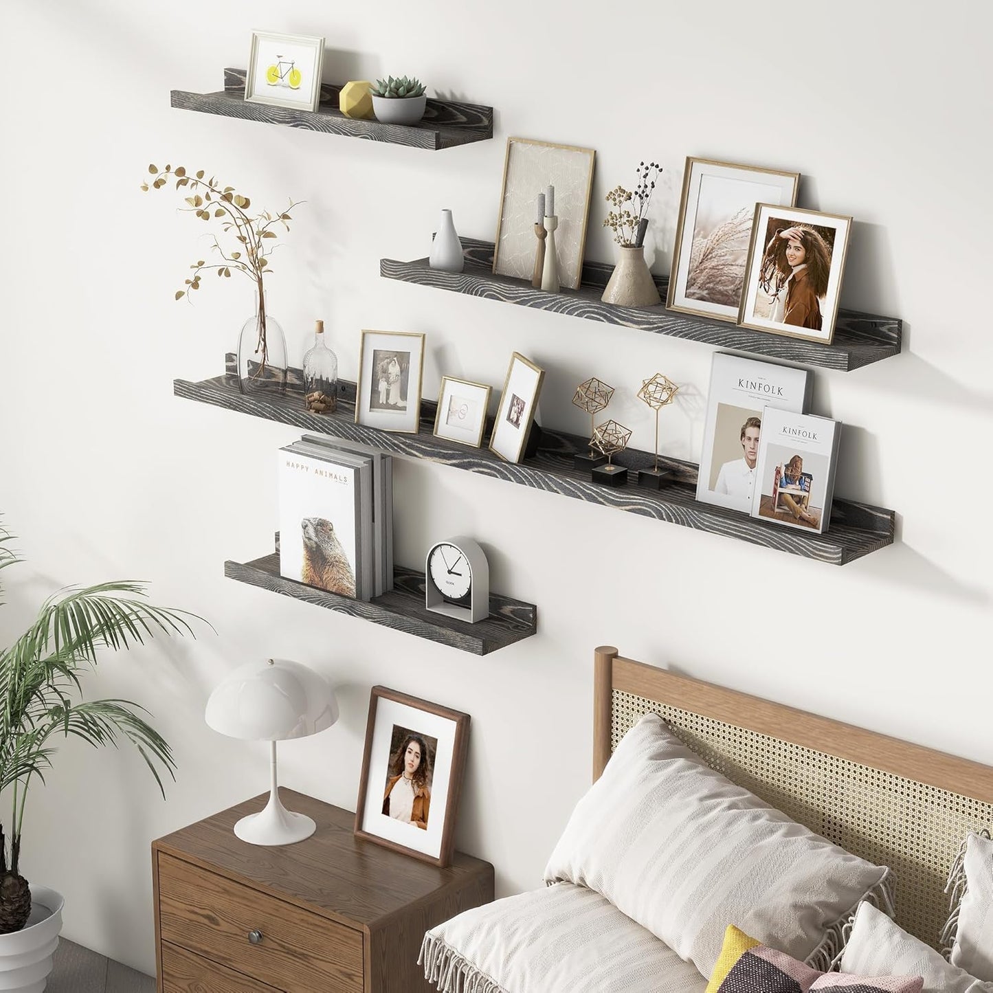 Picture Ledge Wall Shelves 56 Inches Width Set of 3, Solid Pine Wood Rustic Floating Ledge for Kids' Room Bedroom Kitchen Bathroom, Long Floating Shelves for Wall Decor, Grey