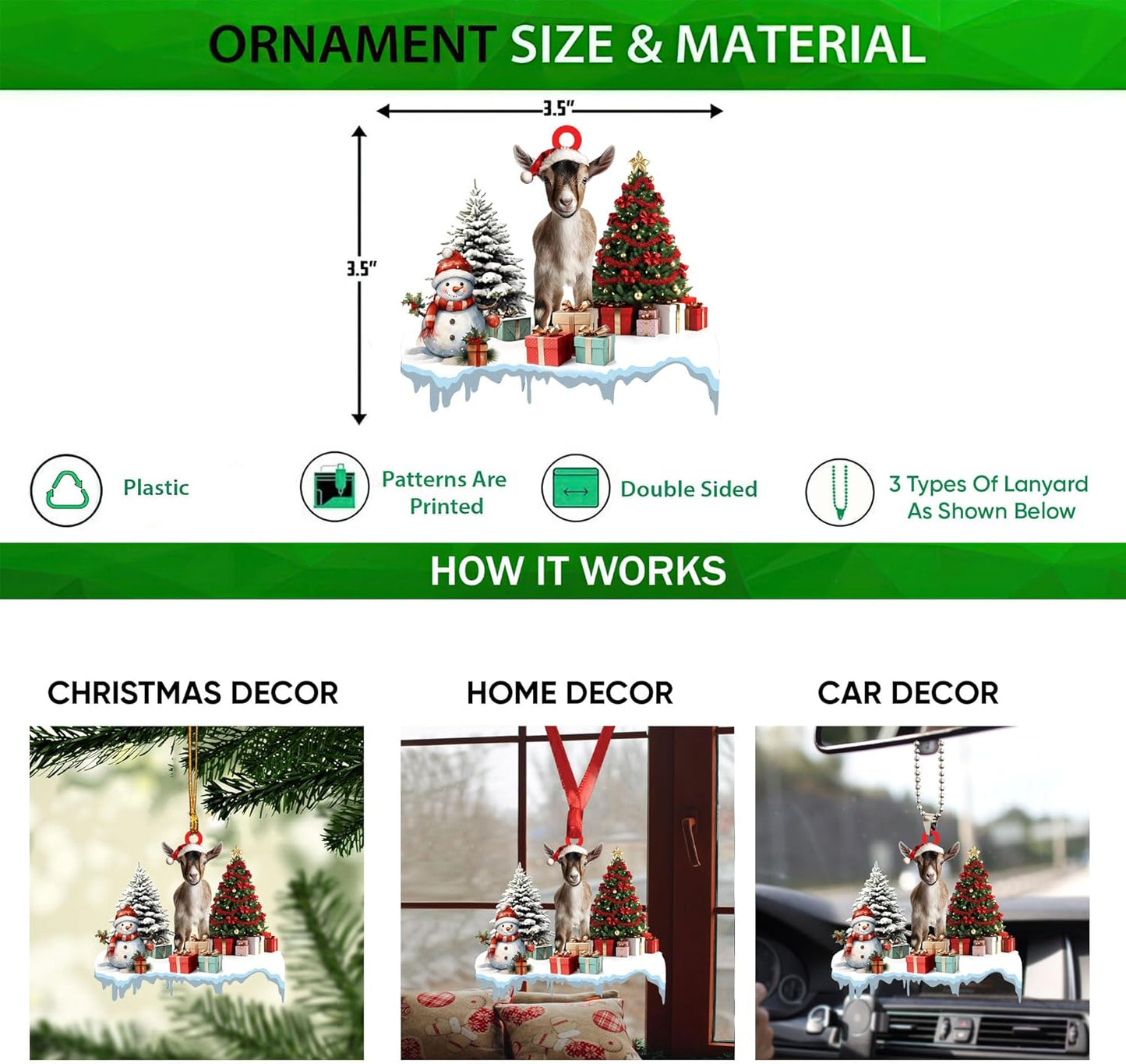 Talataca Goat 2D Flat Christmas Ornament, Goat Gift Boxes Pine Tree Decor, Hanging House Charm Eve Keepsake, Car Rear View Mirror Accessories, Xmas Gift