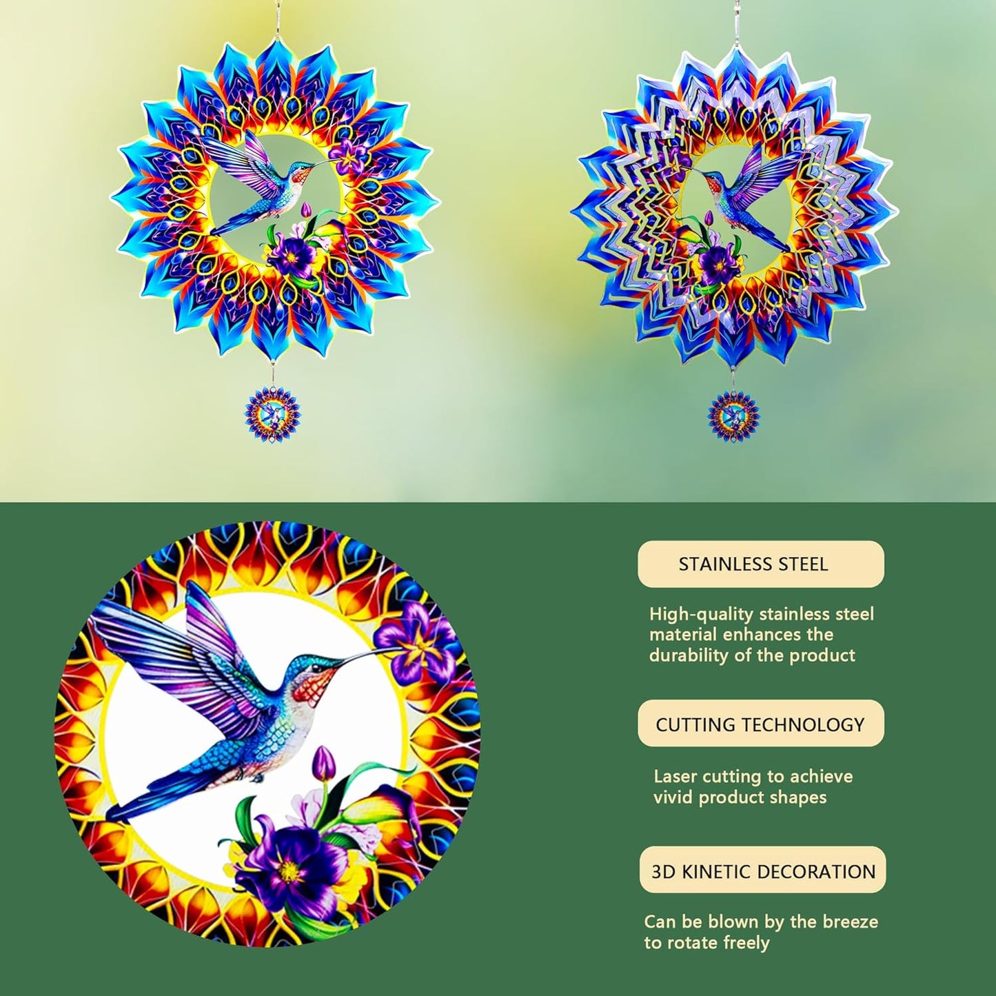 Hummingbird Wind Spinner,Hanging Wind Spinners Outdoor for Garden Decoration，12 inch 3D Stainless Steel Wind Sculpture for Indoor/Outdoor Decor