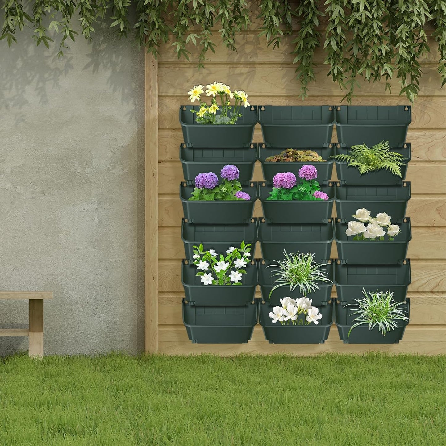 18Pcs Vertical Wall Planter, 13 inch Wall Mounted Garden Planters, Plastic Wall Hanging Planter with Drainage Holes, Wall Planters for Patio Outdoor Decor, Balcony Plant Hanging Flowerpot (Green)