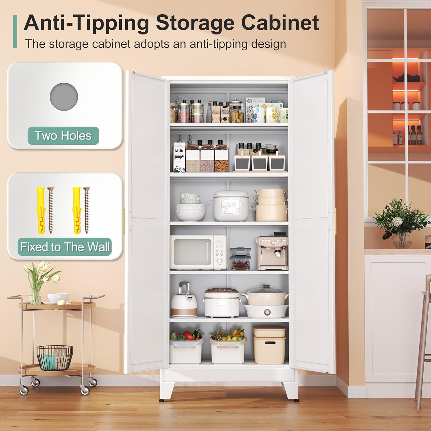 Metal Pantry Cabinet with 2 Doors and 5 Adjustable Shelves, 75" Kitchen Storage cabinets with Gold Handles, Versatile Storage for Laundry Room, Living Room, Bathroom, Dinning Room, Utility Room-White