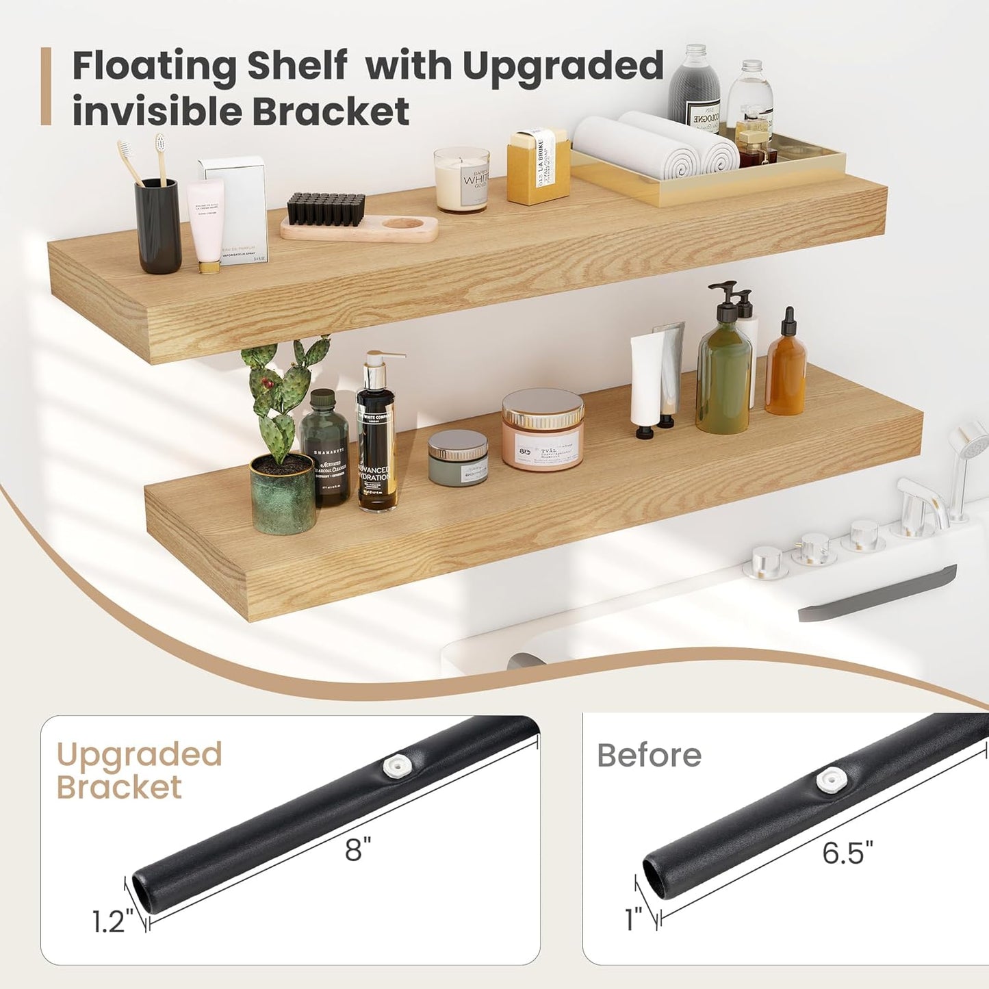 Heimlove 12 Inch Deep Floating Shelves, 48 x 12 inches Long Wall Shelf, Large Display Shelf & Storage Shelf, Rustic Wood Wall Shelves for Fireplace Mantel, Set of 2(Oak)