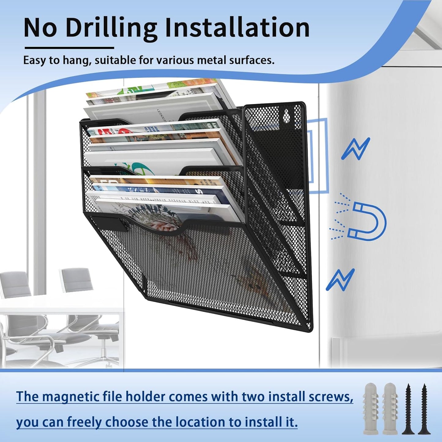 3-Tier Magnetic File Holder, No Drilling Installation File Cabinet Organizer, Black Magnetic File Organizer, Magazine Rack, Magnetic Paper Holder for Refrigerator, File Cabinets, Whiteboard