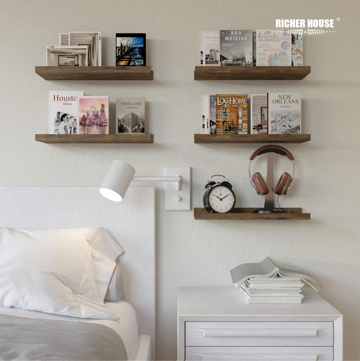 RICHER HOUSE 8 Set Floating Wall Mounted Shelves, Nursery Hanging Book Shelves with Lip for Storage, Display Picture Ledge Shelf for Bedroom Bathroom Kitchen Living Room Wall Decor, Rustic Brown