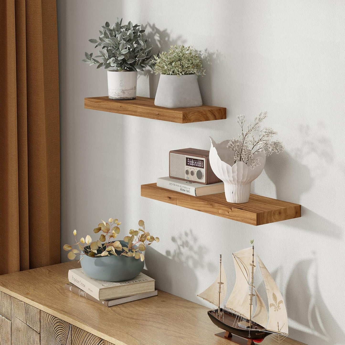 Wood Floating Shelves for Wall, 24" Floating Shelves Wall Mounted, Rustic Old Elm Wood Shelf for Home Decor, Heavy-Duty Storage Shelves for Books, Bathroom, Kitchen, Natural Color, Set of 2