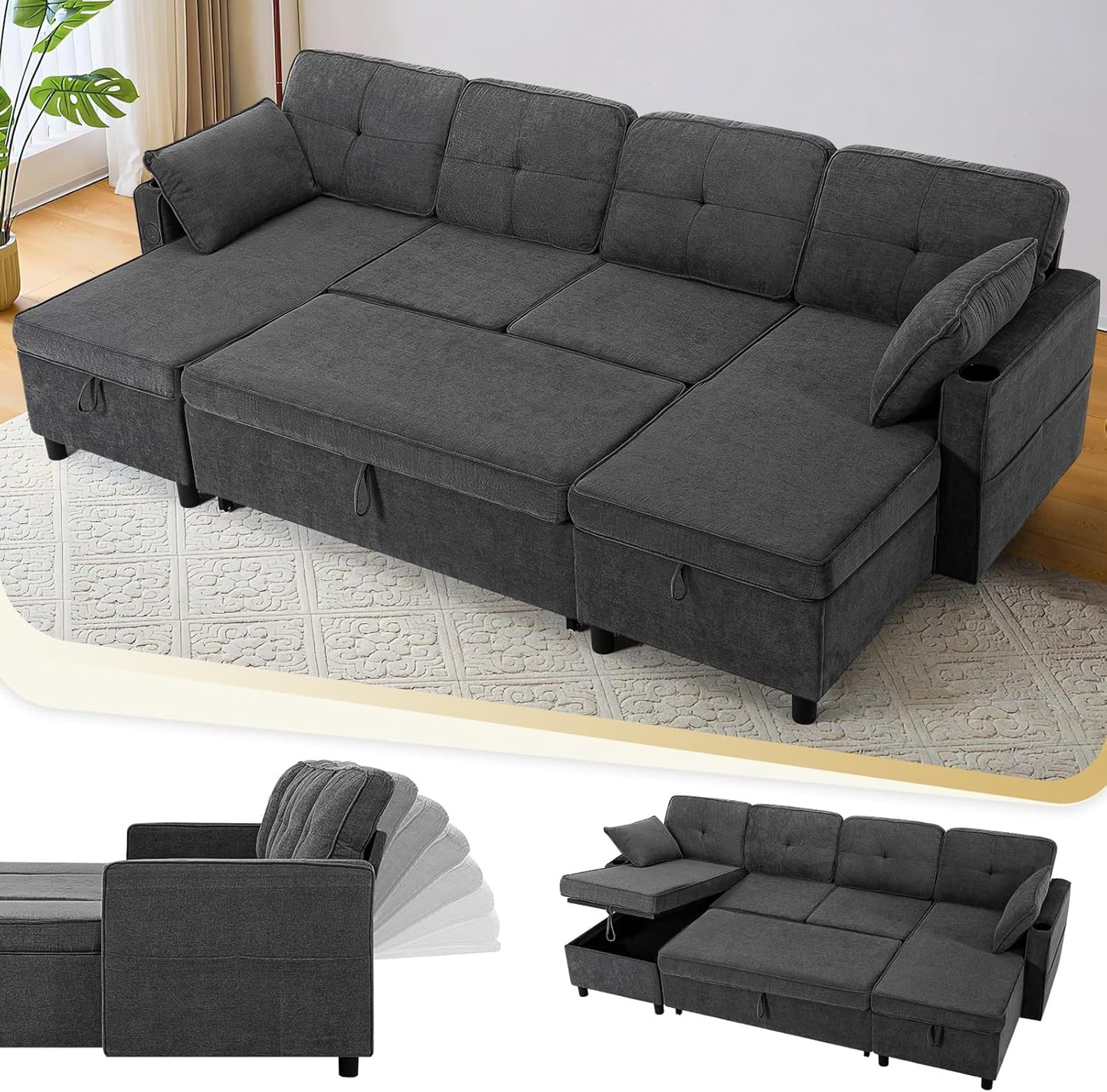 110 Inches Chenille Sectional Sofa w/Adjustable Back & Pull Out Sofa Bed, Tufted U Shaped Couch w/Two Storage Chaises, Sleeper Sectional Sofa w/USB Port & Cup Holders for Living Room, Grey