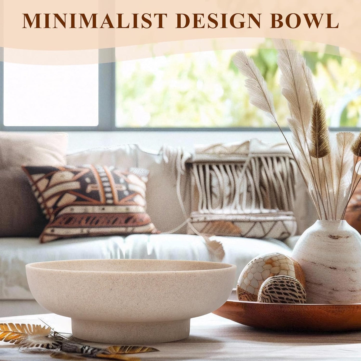 Large Decorative Bowl, Modern Handicraft Resin Bowls for Home Decor, Decorative Fruit Bowl for Kitchen Counter, Stylish Key Bowl for Entry Table, Artificial Stone Resin Beige