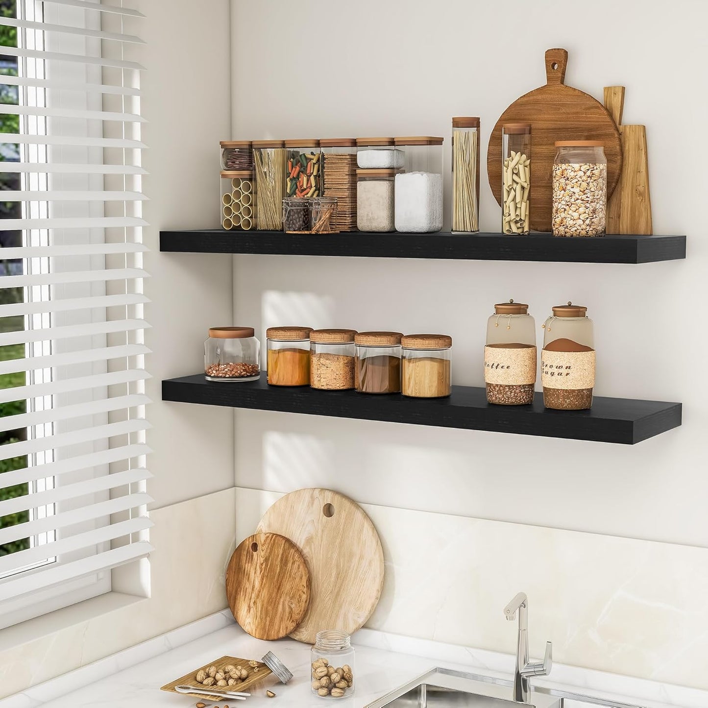 RICHFOCUS 48Inch Floating Shelves for Wall 1 Pack Shelves for Bedroom|Kitchen|Bathroom Wall Mounted Rustic Wood Floating Shelf with Invisible Brackets for Books|Storage|Decor, Black