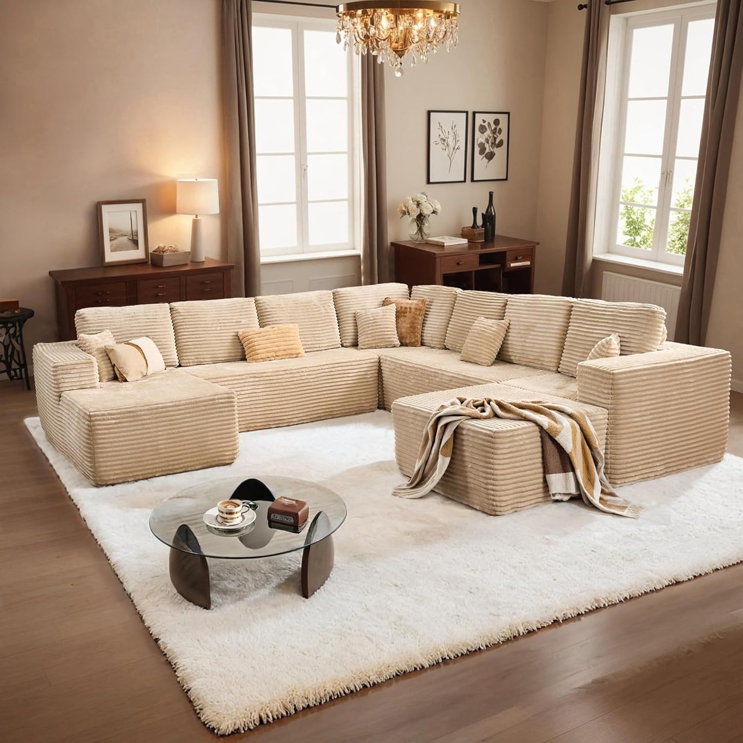 HOOOWOOO Cloud Sectional Couches for Living Room,Modular Sectional Sofa No Assembly,136X133 Inch Plush Corduroy Large G Shaped Floor Couch Set with Deep Seat Chaise Ottoman(Beige)