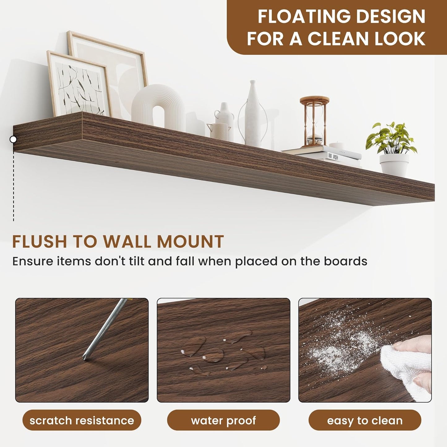 fuqing Floating Shelves for Wall, Bathroom Shelf Wall Mounted for Storage, Shelves with Invisible Bracket for Bedroom, Kitchen, Living Room, Farmhouse Small Book Shelf, 55 Inch Set of 2, Walnut