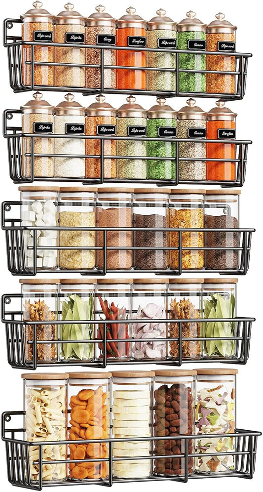 5 Pack Spice Rack Seasoning Organizer Wall Mount, Screw or Adhesive Hanging Shelf Basket Spice Organizer Shelf for Kitchen, Black