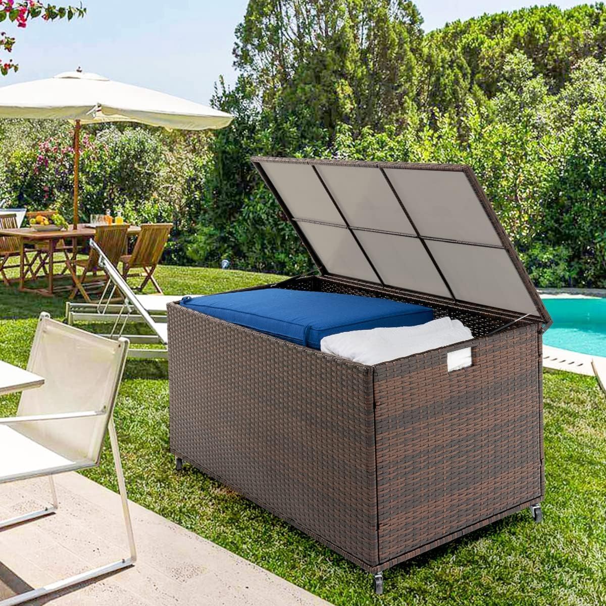 Outdoor 170 Gallon Water-Resistant Wicker Storage Box with Wheels, PE Rattan Deck Box with Waterproof Liner for Outside, Patio Storage Container with Hinged Lid, Horizontal Bin, Brown