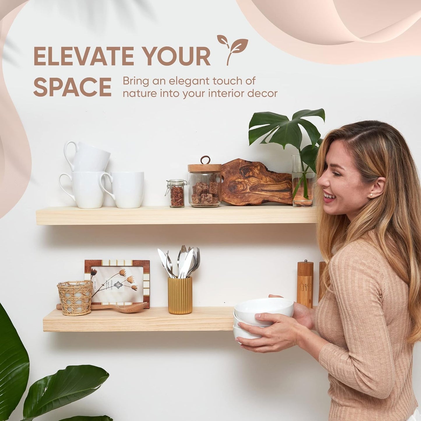 Homeforia 30 inch Wood Floating Shelves, High End Solid Natural Wood 30inch Floating Shelf for Wall, Unfinished Wooden 30 inches Floating Shelves, Heavy Duty Bracket, 30 X 6.5 X 1.75 in, Set of 2