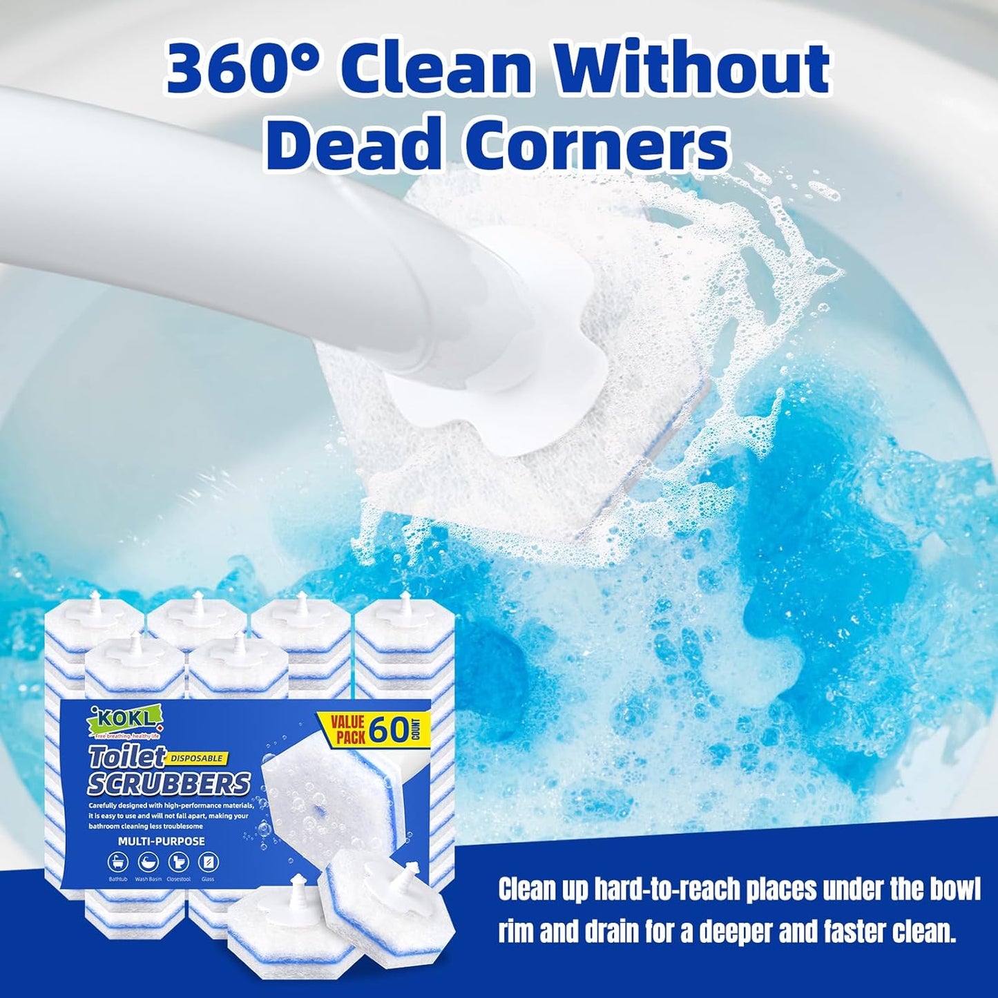 KOKL 60pcs Disposable Toilet Brush, Disposable Toilet Bowl Cleaners for Bathroom Cleaning, Compatible with Most Toilet Brushes