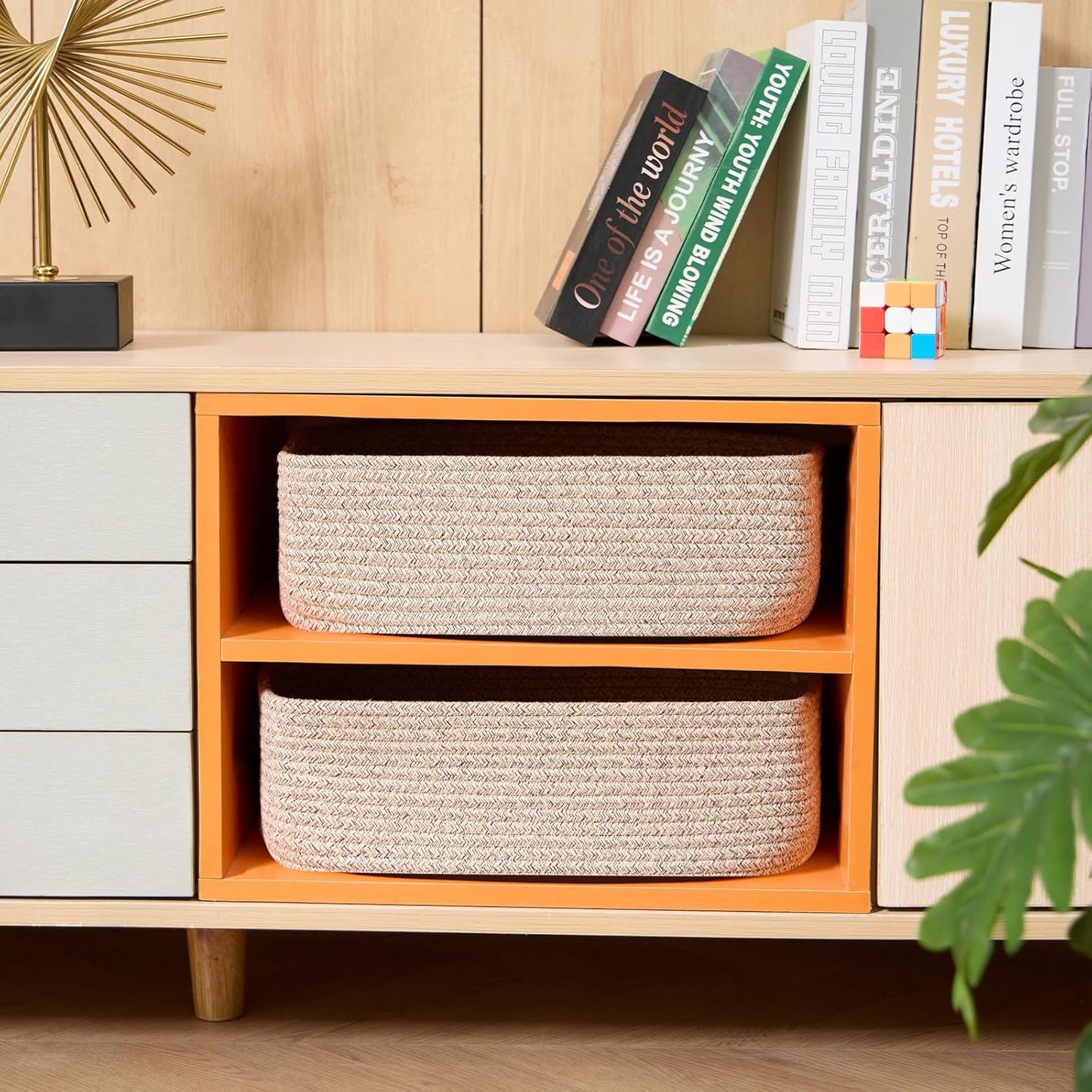 Large Shallow Organizing Baskets 15x11x5.1 Inches - Rope Woven Storage Bins for Bathroom, Shelves, Cube Closet, Mixed Brown 2 Packs