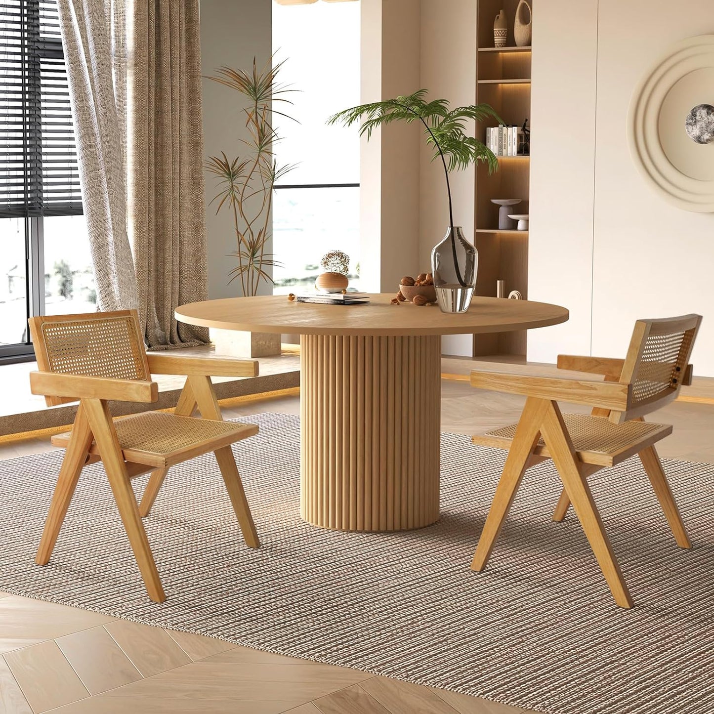 Rattan Dining Chairs Set of 4, Wooden Armchair Cane Kitchen Chairs with Arms, Light Walnut Color