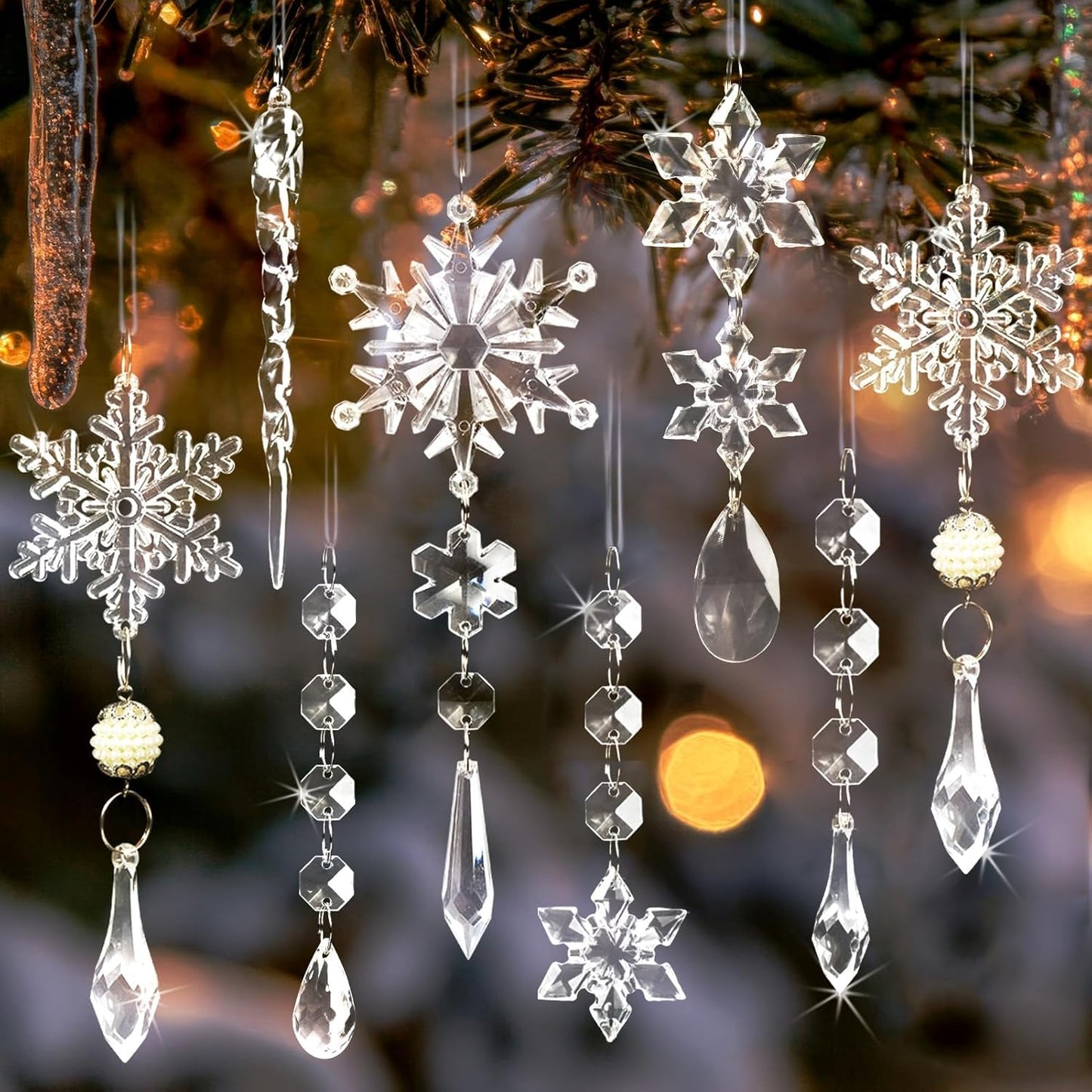 Christmas Tree Decoration Crystal Ornaments - 48pcs Acrylic Christmas Ornaments Snowflake Icicle Drop Crystal Hanging Ornaments for Xmas Tree Winter Holiday Frozen Party Decorations