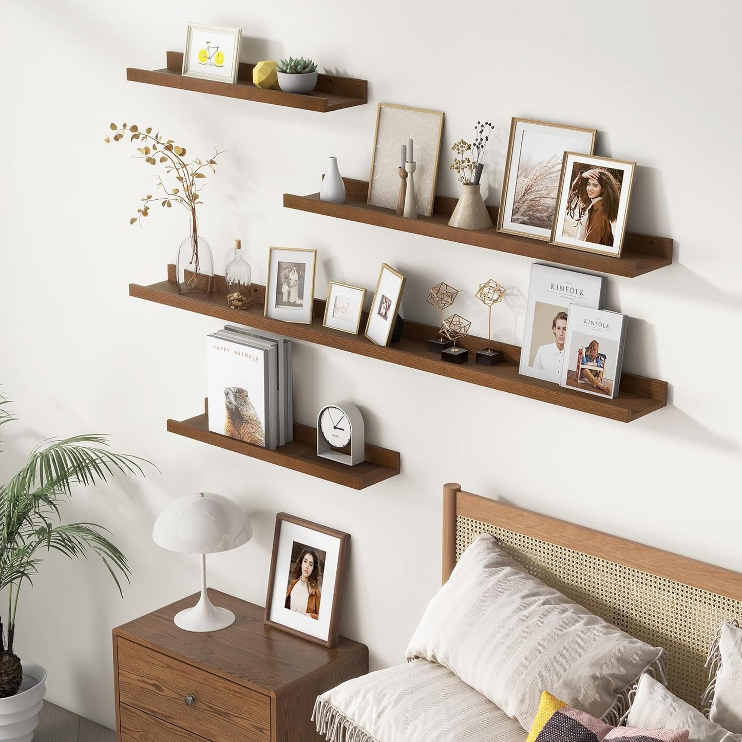 Picture Ledge Wall Shelves 56 inches Width Set of 3, Solid Pine Wood Rustic Floating Ledge Shelves for Wall for Kids' Room Bedroom Kitchen Bathroom Long Floating Shelves for Wall Decor, Walnut