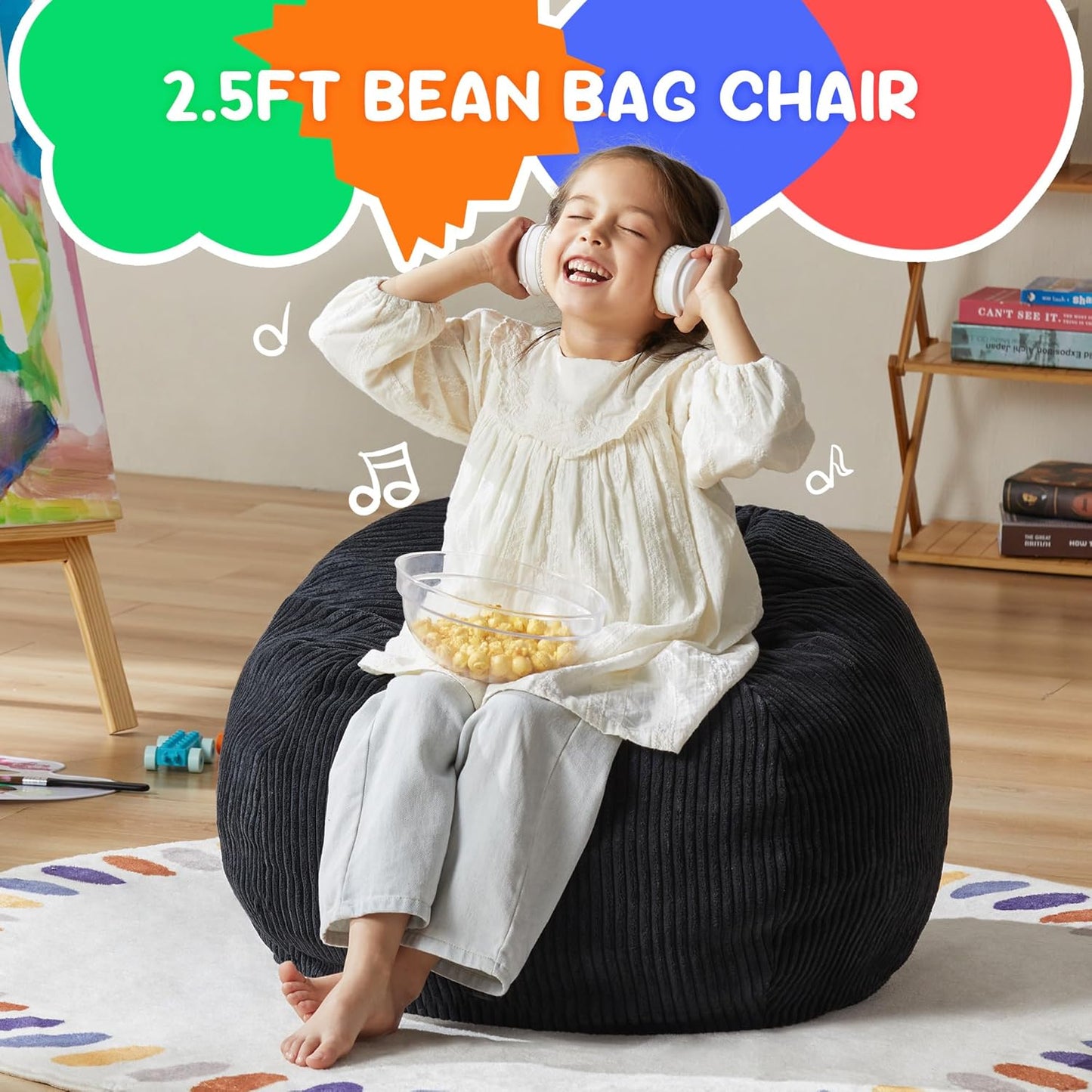 Hobestluk 2.5FT Bean Bag Chair Beanbags Small Bean Bag Chair with Filler Included Teardrop Bean Bag with Removable Cover for Bedroom Living Room (Small, Black)